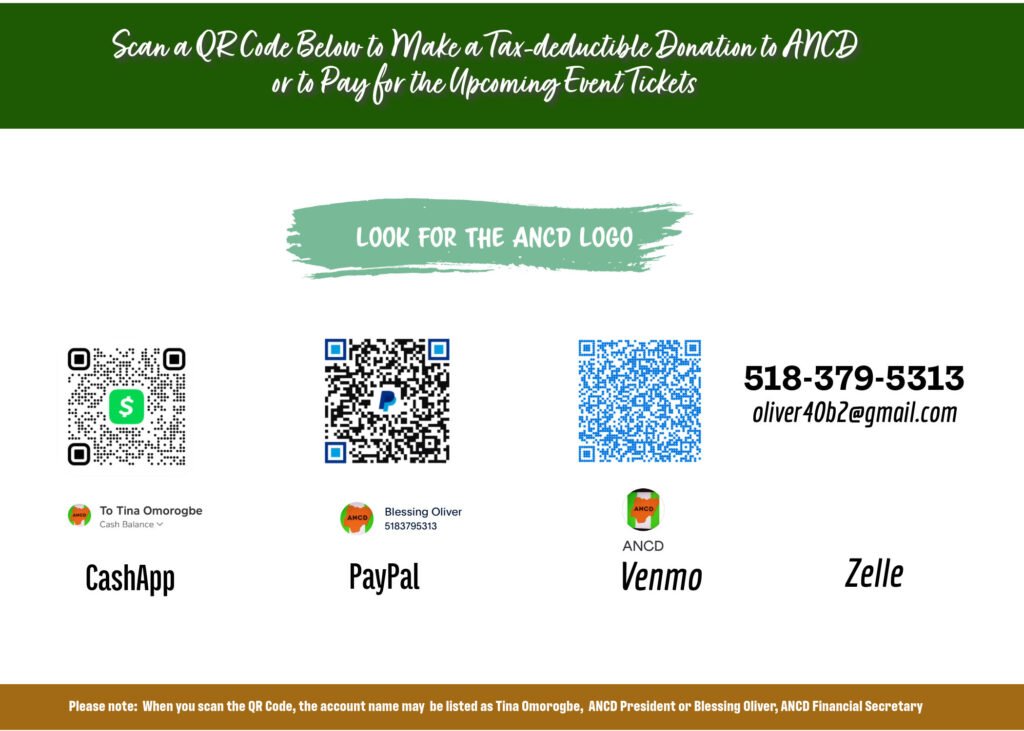 Back page of invitation card to 2024 event by the Association of Nigerians in the Capital District. Page showing different methods to pay for tickets and donations