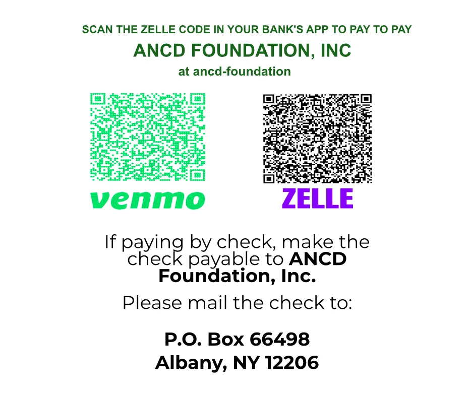 Donation options for ANCD Foundation, Inc. featuring a Venmo QR code, a Zelle QR code (at ancd-foundation), and instructions for mailing a check payable to ANCD Foundation, Inc. at P.O. Box 66498, Albany, NY 12206.